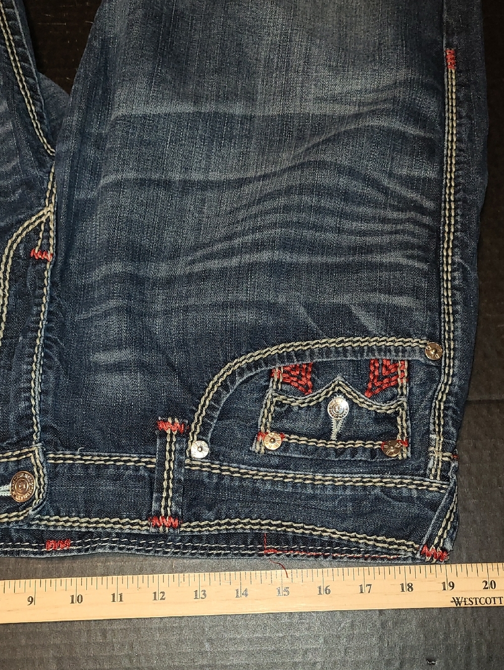 True Religion Dark Blue Straight Leg Jeans with Red Pocket Stitching - Picture 12 of 16